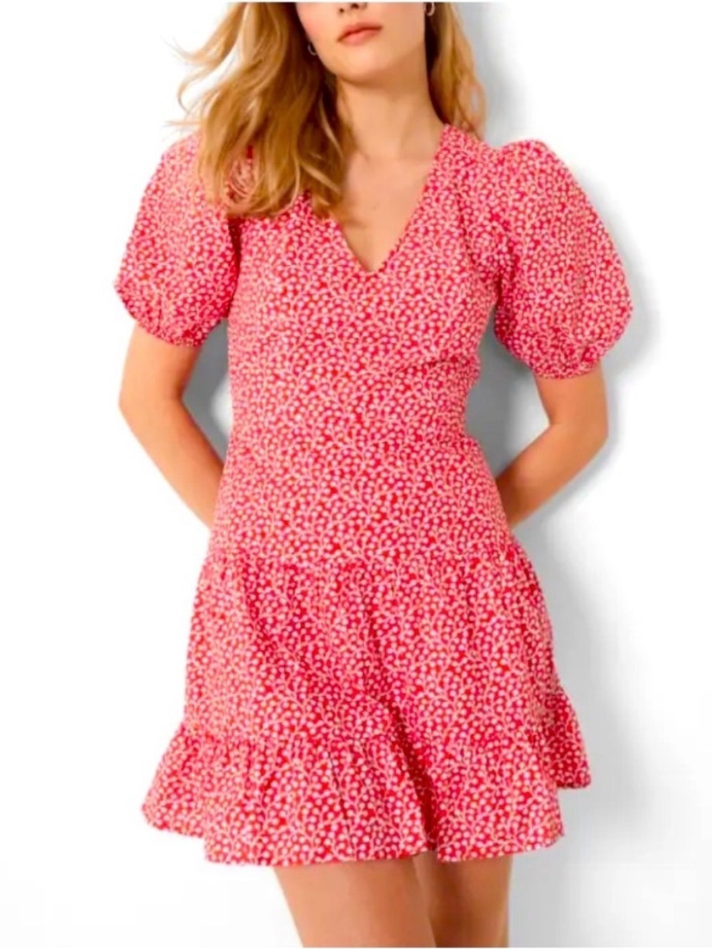NWT ❗️French Connection Size 2 Birch Puff Red Floral-Print Mini Dress British